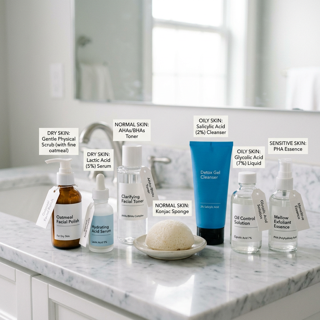 Skincare products labeled with ingredients and recommendations for four skin types