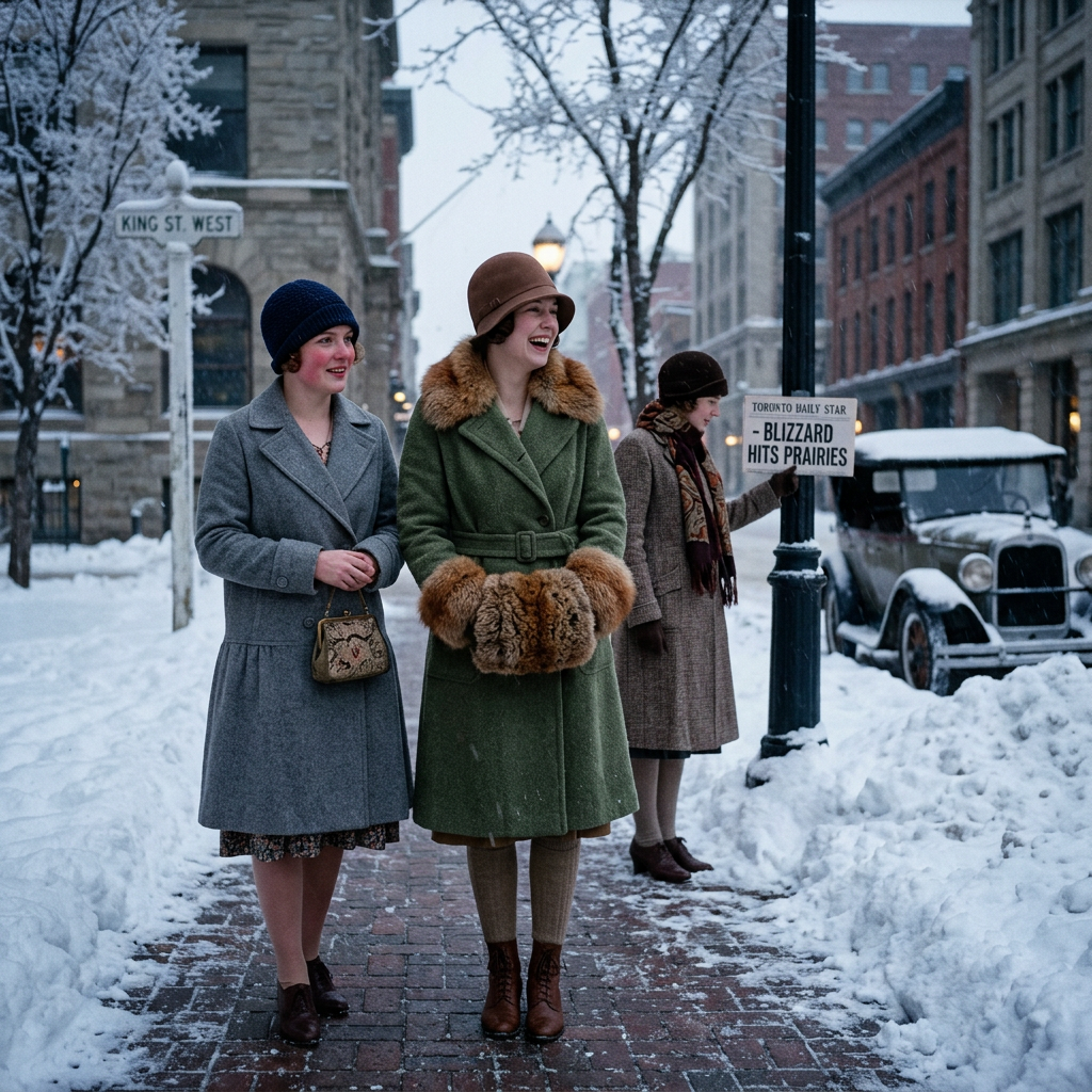 Three women walk in snow; signs read “KING ST. WEST” and “TORONTO DAILY STAR — BLIZZARD HITS PRAIRIES.”