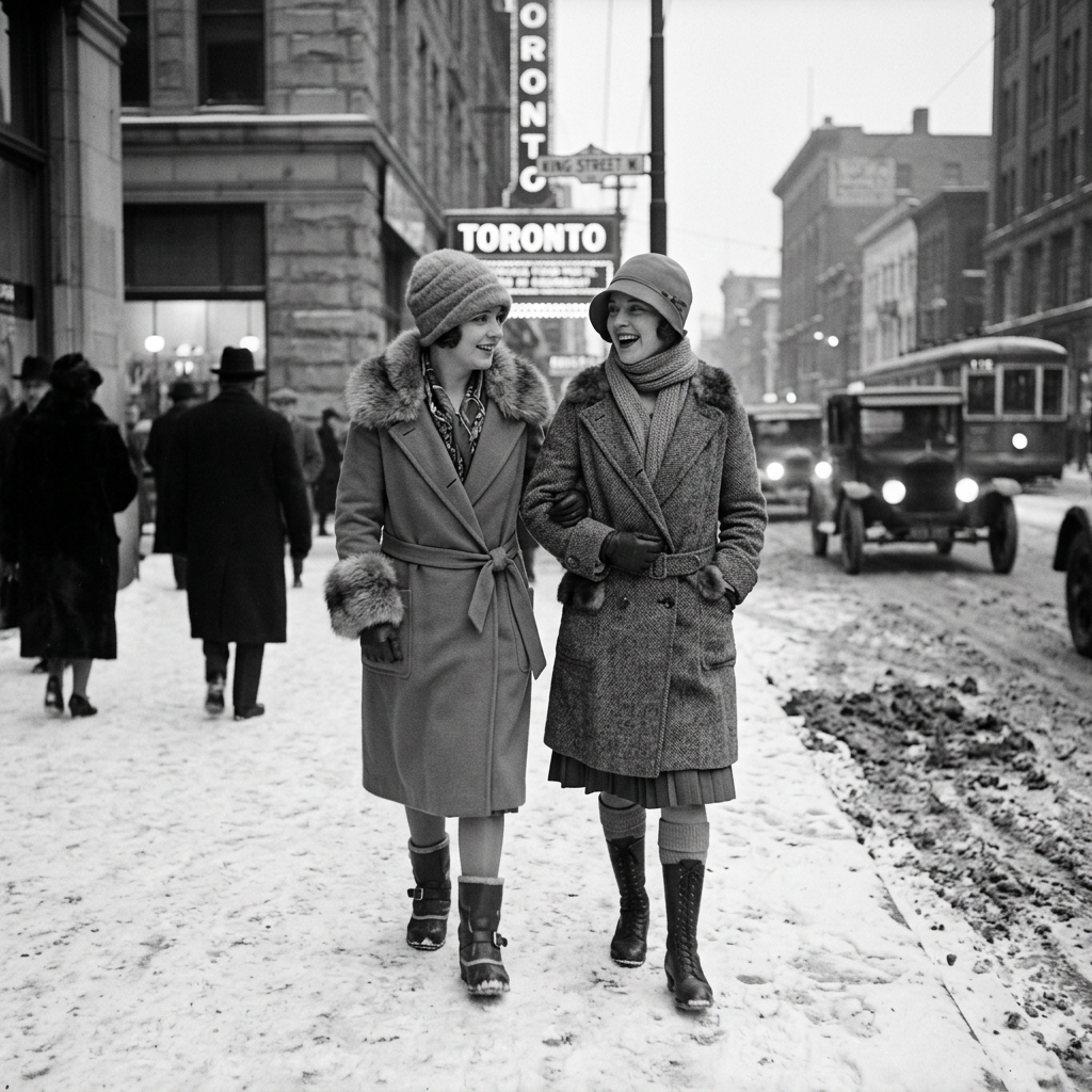 Two women laughing on a snowy Toronto street beside vintage cars