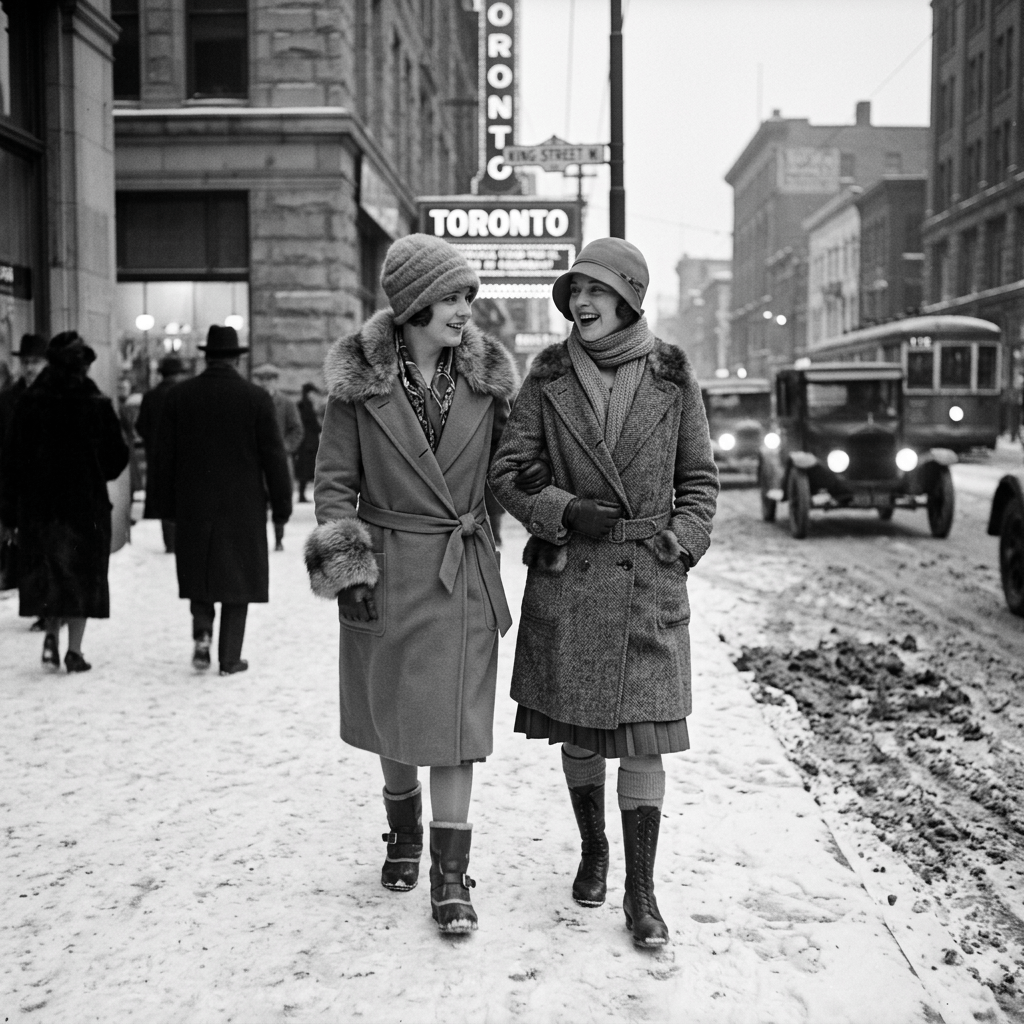 Two women laughing on a snowy Toronto street beside vintage cars