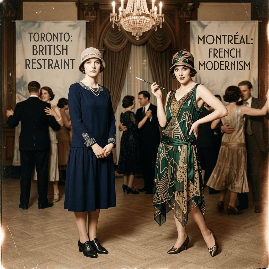 Two 1920s women beside signs reading Toronto: British Restraint and Montréal: French Modernism