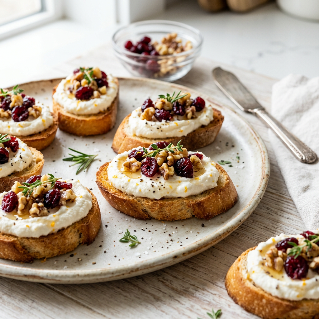 Crostini topped with creamy cheese, cranberries, walnuts, and rosemary