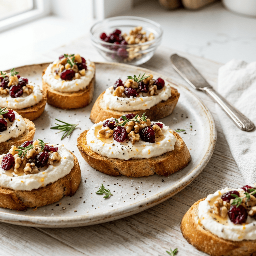 Crostini topped with creamy cheese, cranberries, walnuts, and rosemary