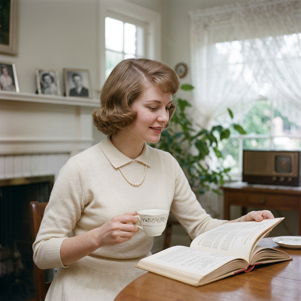 Woman holding tea while reading an open book at a table