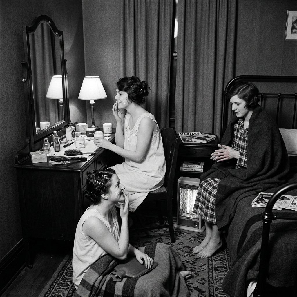 Three women preparing in a vintage dressing room with makeup and magazines