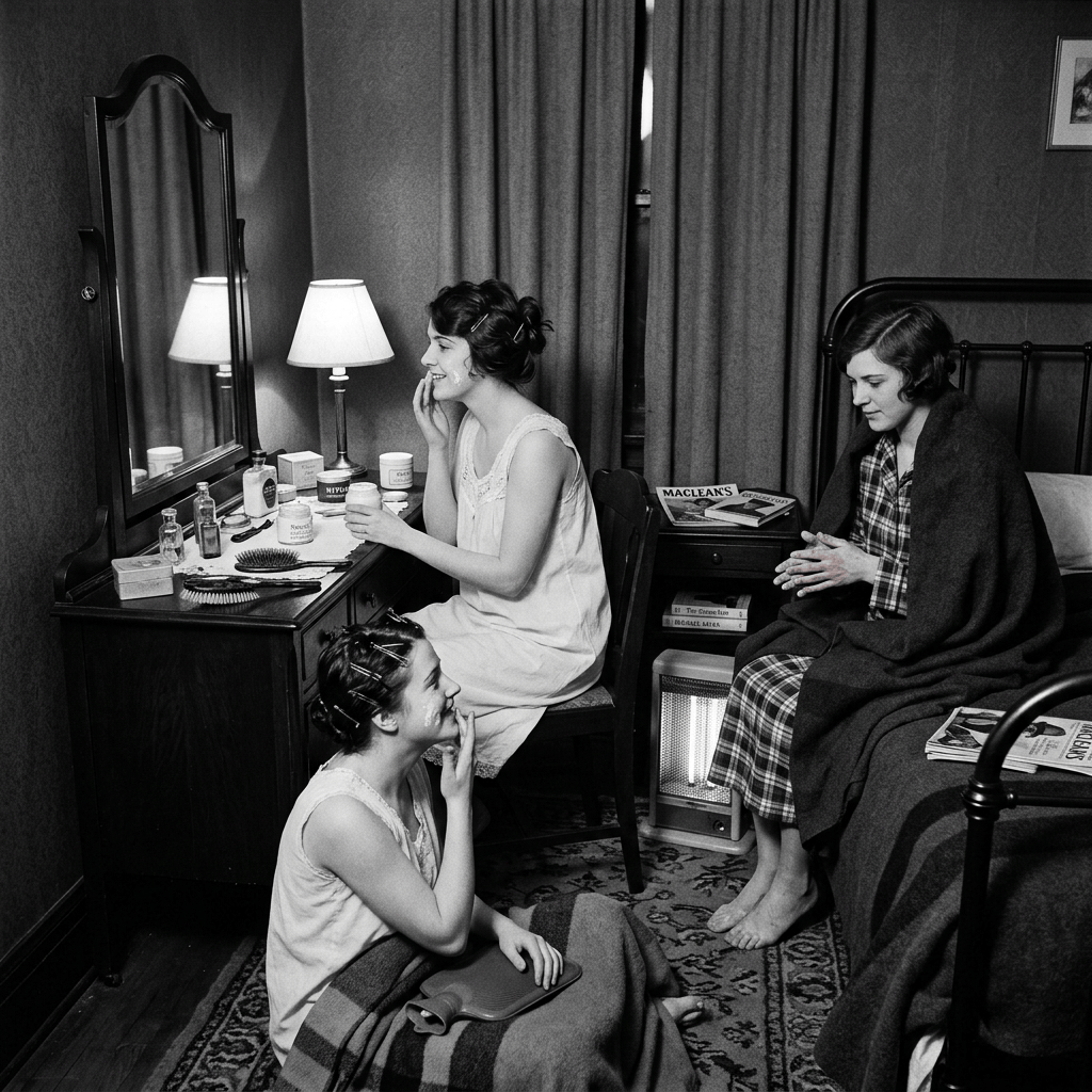 Three women preparing in a vintage dressing room with makeup and magazines
