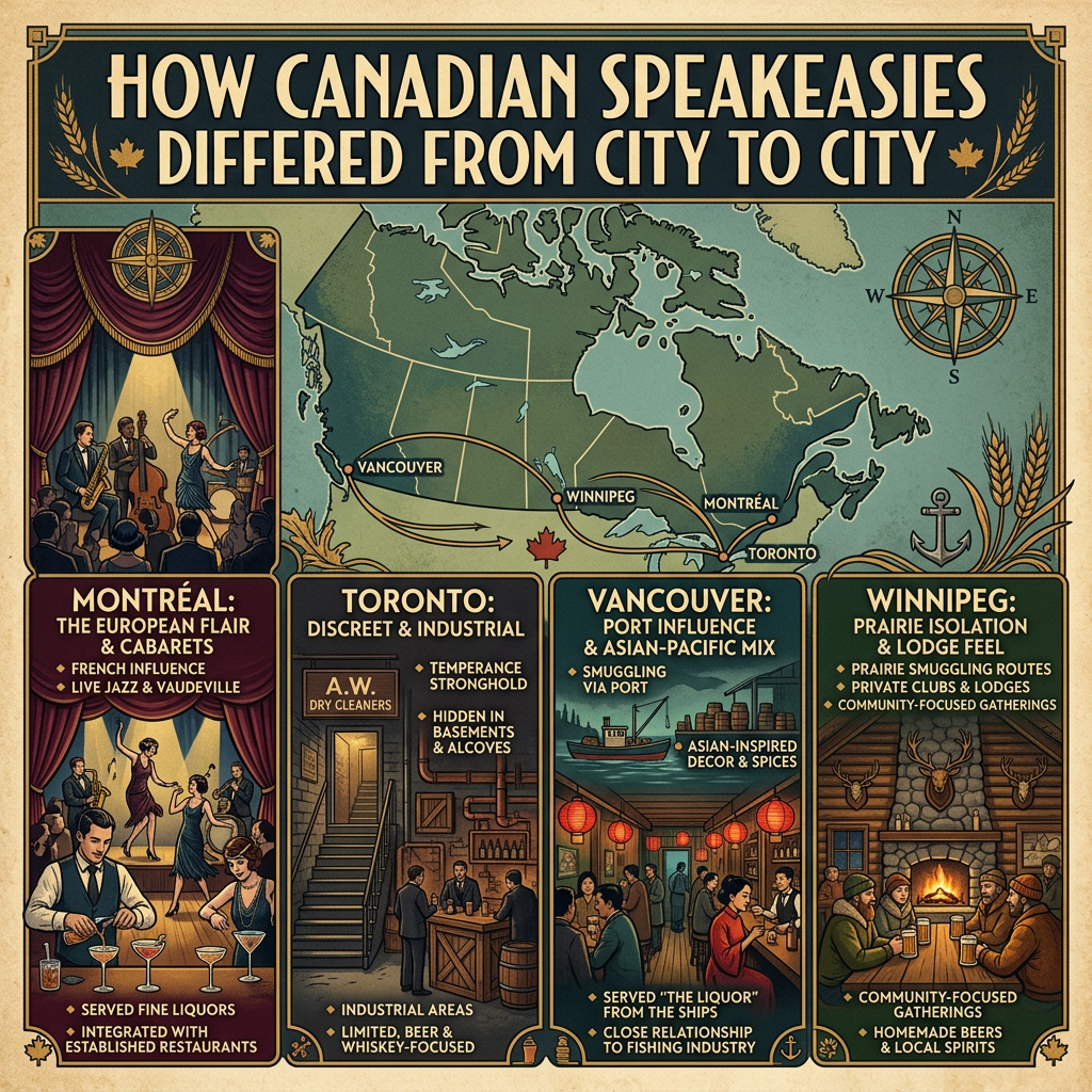 Infographic titled "HOW CANADIAN SPEAKEASIES DIFFERED FROM CITY TO CITY," comparing Montréal, Toronto, Vancouver, and Winnipeg through a Canadian map and illustrated panels. Montréal: "THE EUROPEAN FLAIR & CABARETS," "FRENCH INFLUENCE," "LIVE JAZZ & VAUDEVILLE," "SERVED FINE LIQUORS," "INTEGRATED WITH ESTABLISHED RESTAURANTS." Toronto: "DISCREET & INDUSTRIAL," "TEMPERANCE STRONGHOLD," "HIDDEN IN BASEMENTS & ALCOVES," "INDUSTRIAL AREAS," "LIMITED, BEER & WHISKEY-FOCUSED." Vancouver: "PORT INFLUENCE & ASIAN-PACIFIC MIX," "SMUGGLING VIA PORT," "ASIAN-INSPIRED DECOR & SPICES," "SERVED ‘THE LIQUOR’ FROM THE SHIPS," "CLOSE RELATIONSHIP TO FISHING INDUSTRY." Winnipeg: "PRAIRIE ISOLATION & LODGE FEEL," "PRAIRIE SMUGGLING ROUTES," "PRIVATE CLUBS & LODGES," "COMMUNITY-FOCUSED GATHERINGS," "HOMEMADE BEERS & LOCAL SPIRITS."