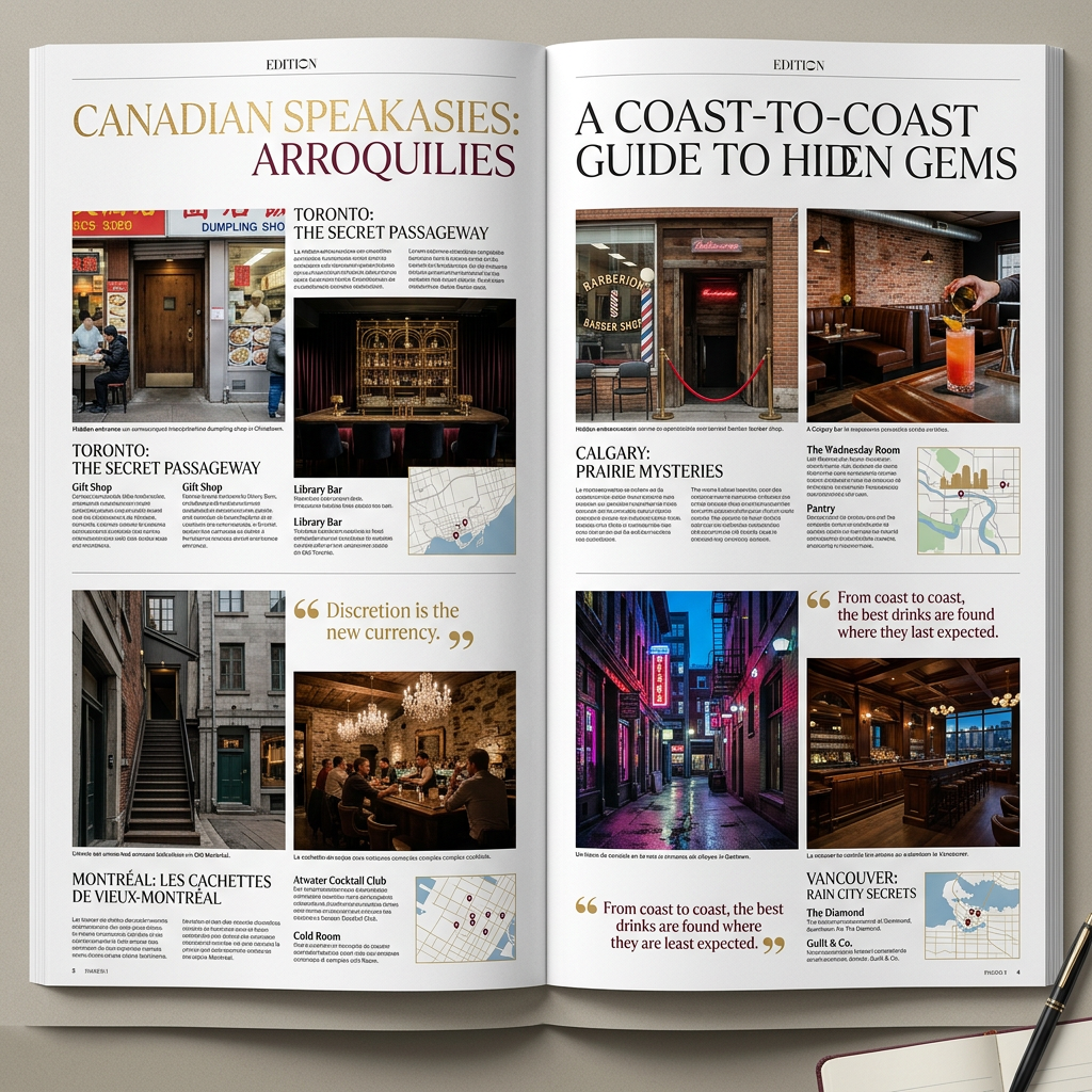 Magazine spread titled “Canadian Speakeasies: Arrouquillies” and “A Coast-to-Coast Guide to Hidden Gems.”