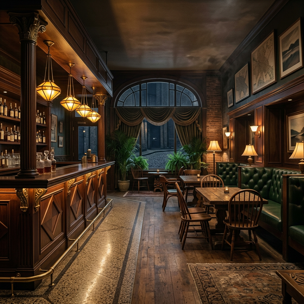 Elegant vintage bar lounge with warm pendant lights and green booths