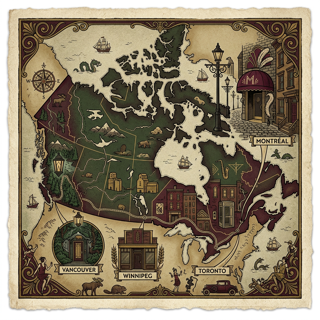 Vintage illustrated map of Canada labeled Montréal, Vancouver, Winnipeg, and Toronto.