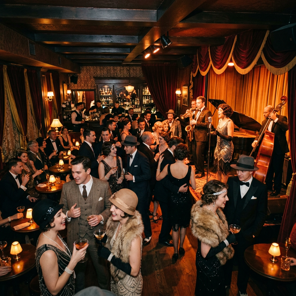 Crowded jazz nightclub with dancing guests and live musicians onstage