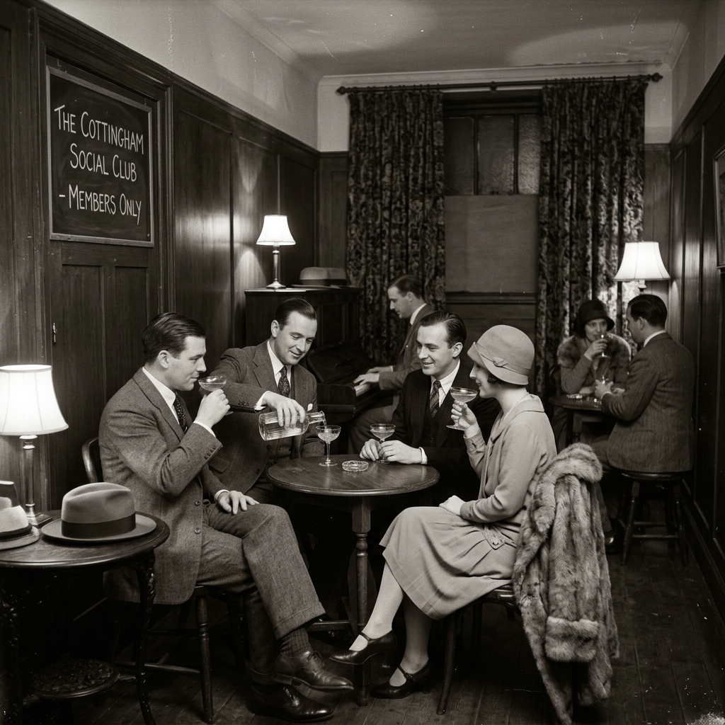 1930s-style social club scene with guests drinking cocktails and piano music