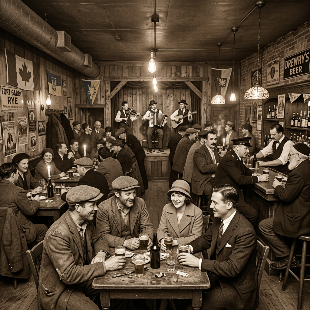 Crowded vintage pub with musicians performing beneath Canadian flags