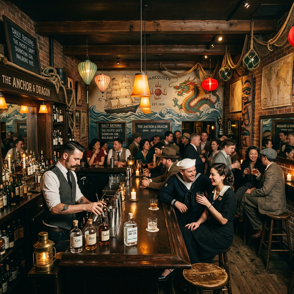 Bartender serving drinks in a crowded nautical-themed bar