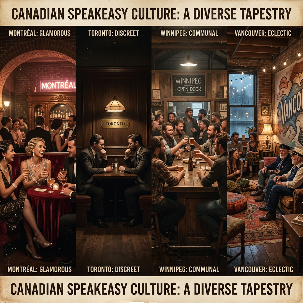 Canadian Speakeasy Culture: A Diverse Tapestry; Montréal glamorous, Toronto discreet, Winnipeg communal, Vancouver eclectic