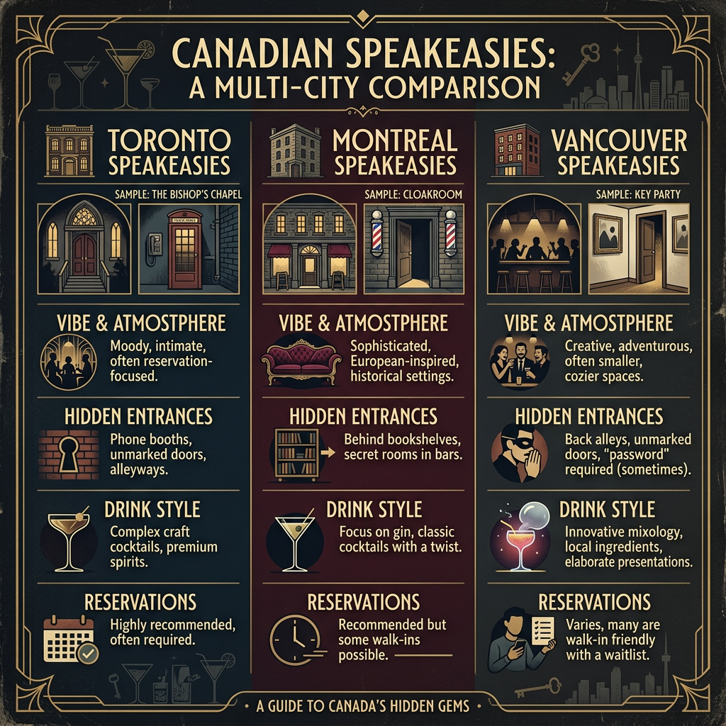 Canadian Speakeasies: A Multi-City Comparison. Toronto Speakeasies—sample: The Bishop's Chapel; vibe and atmosphere: moody, intimate, often reservation-focused; hidden entrances: phone booths, unmarked doors, alleyways; drink style: complex craft cocktails, premium spirits; reservations: highly recommended, often required. Montreal Speakeasies—sample: Cloakroom; vibe and atmosphere: sophisticated, European-inspired, historical settings; hidden entrances: behind bookshelves, secret rooms in bars; drink style: focus on gin, classic cocktails with a twist; reservations: recommended but some walk-ins possible. Vancouver Speakeasies—sample: Key Party; vibe and atmosphere: creative, adventurous, often smaller, cozier spaces; hidden entrances: back alleys, unmarked doors, password required (sometimes); drink style: innovative mixology, local ingredients, elaborate presentations; reservations: varies, many are walk-in friendly with a waitlist. A Guide to Canada's Hidden Gems.