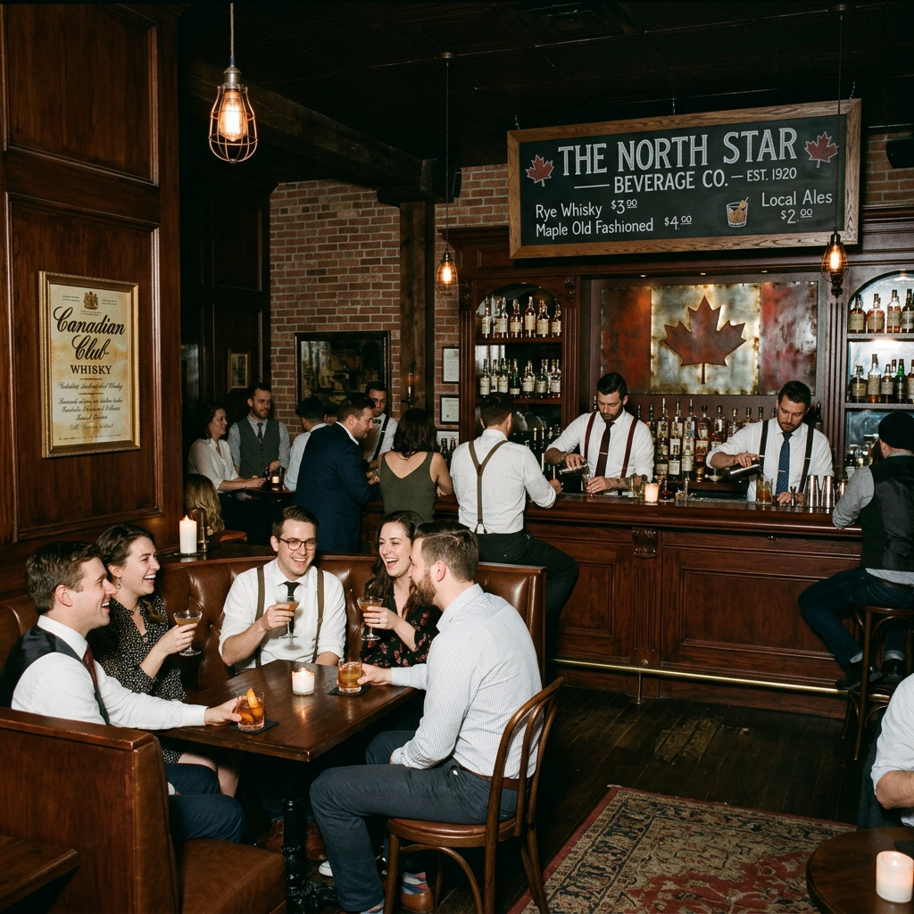 Guests drinking and socializing in a Canadian-themed bar