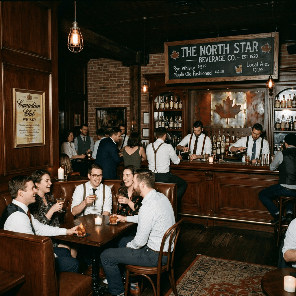 Guests drinking and socializing in a Canadian-themed bar