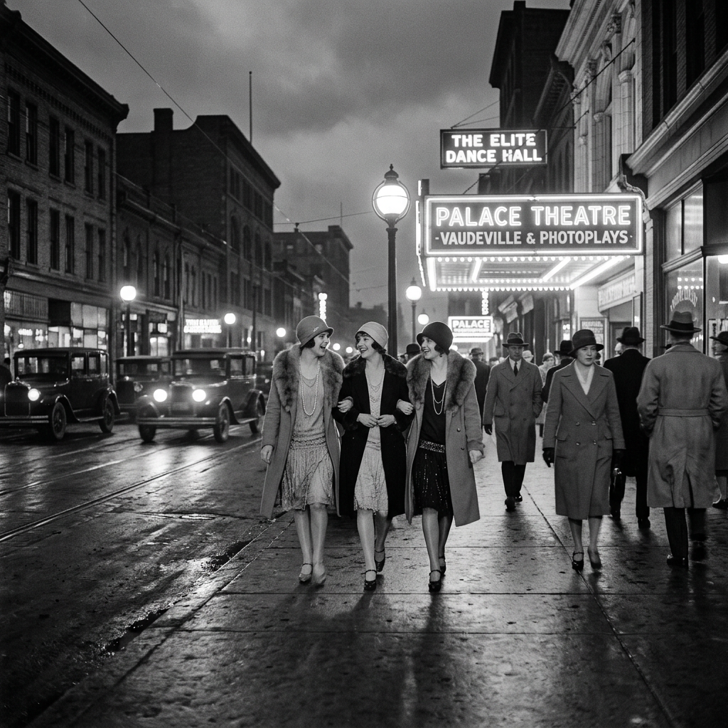 Three women walk past signs reading THE ELITE DANCE HALL and PALACE THEATRE -VAUDEVILLE & PHOTOPLAYS-