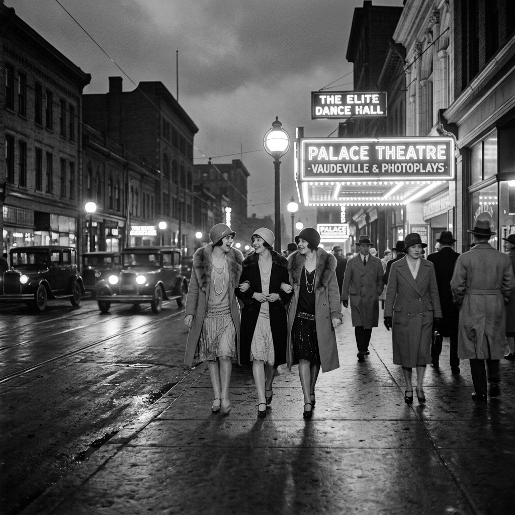 Three women walk past signs reading THE ELITE DANCE HALL and PALACE THEATRE -VAUDEVILLE & PHOTOPLAYS-