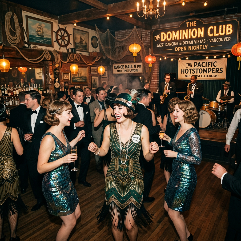 The Dominion Club sign reads “Jazz, Dancing & Ocean Vistas - Vancouver, Open Nightly”; dancers and jazz musicians perform beneath signs reading “Dance Hall 9 PM - Maritime Flavors” and “The Pacific Hotstompers, West Coast Eclecticism.”