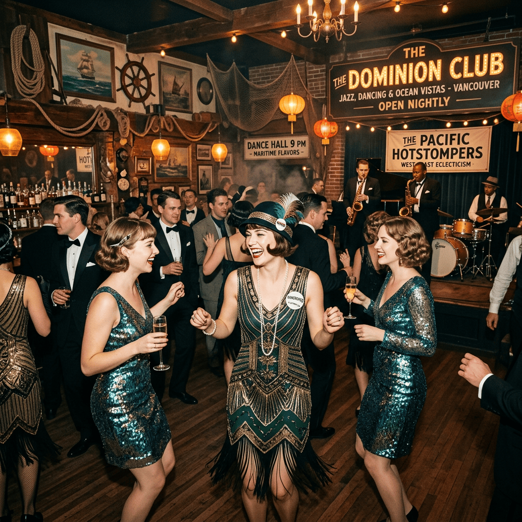 The Dominion Club sign reads “Jazz, Dancing & Ocean Vistas - Vancouver, Open Nightly”; dancers and jazz musicians perform beneath signs reading “Dance Hall 9 PM - Maritime Flavors” and “The Pacific Hotstompers, West Coast Eclecticism.”