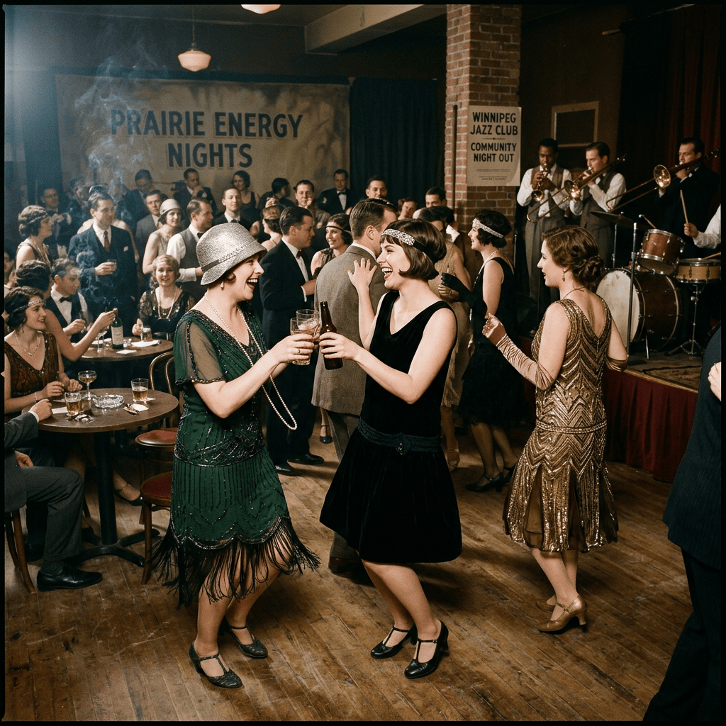 Crowd dancing at a jazz club beneath signs reading “PRAIRIE ENERGY NIGHTS” and “WINNIPEG JAZZ CLUB COMMUNITY NIGHT OUT”