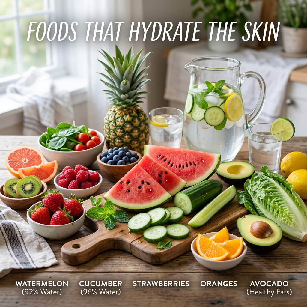 Foods that hydrate the skin: watermelon, cucumber, strawberries, oranges, and avocado