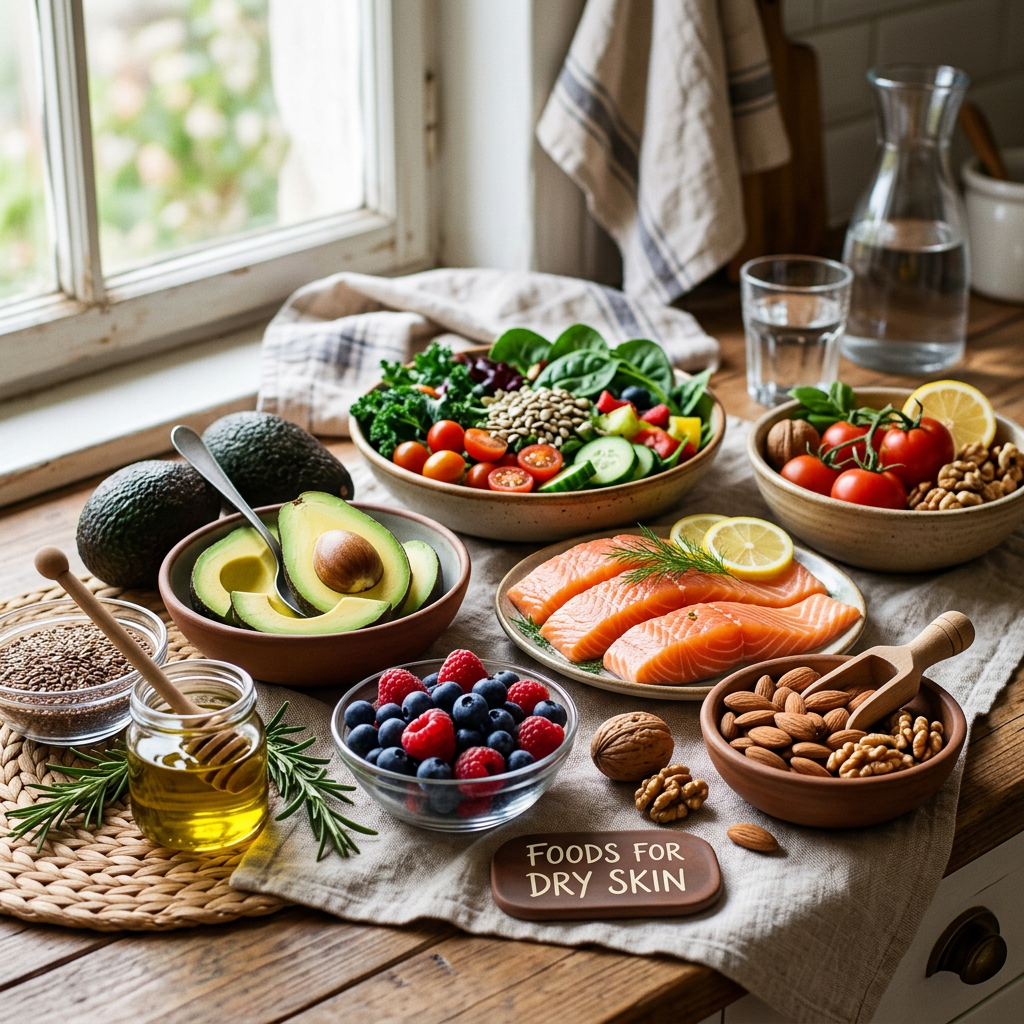 Foods for dry skin including salmon, avocado, salad, berries, nuts, and olive oil