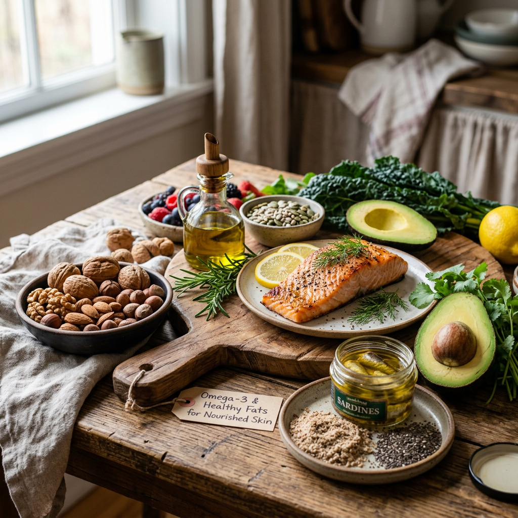 Salmon, sardines, avocado, nuts, seeds, greens, and omega-3 healthy fats label
