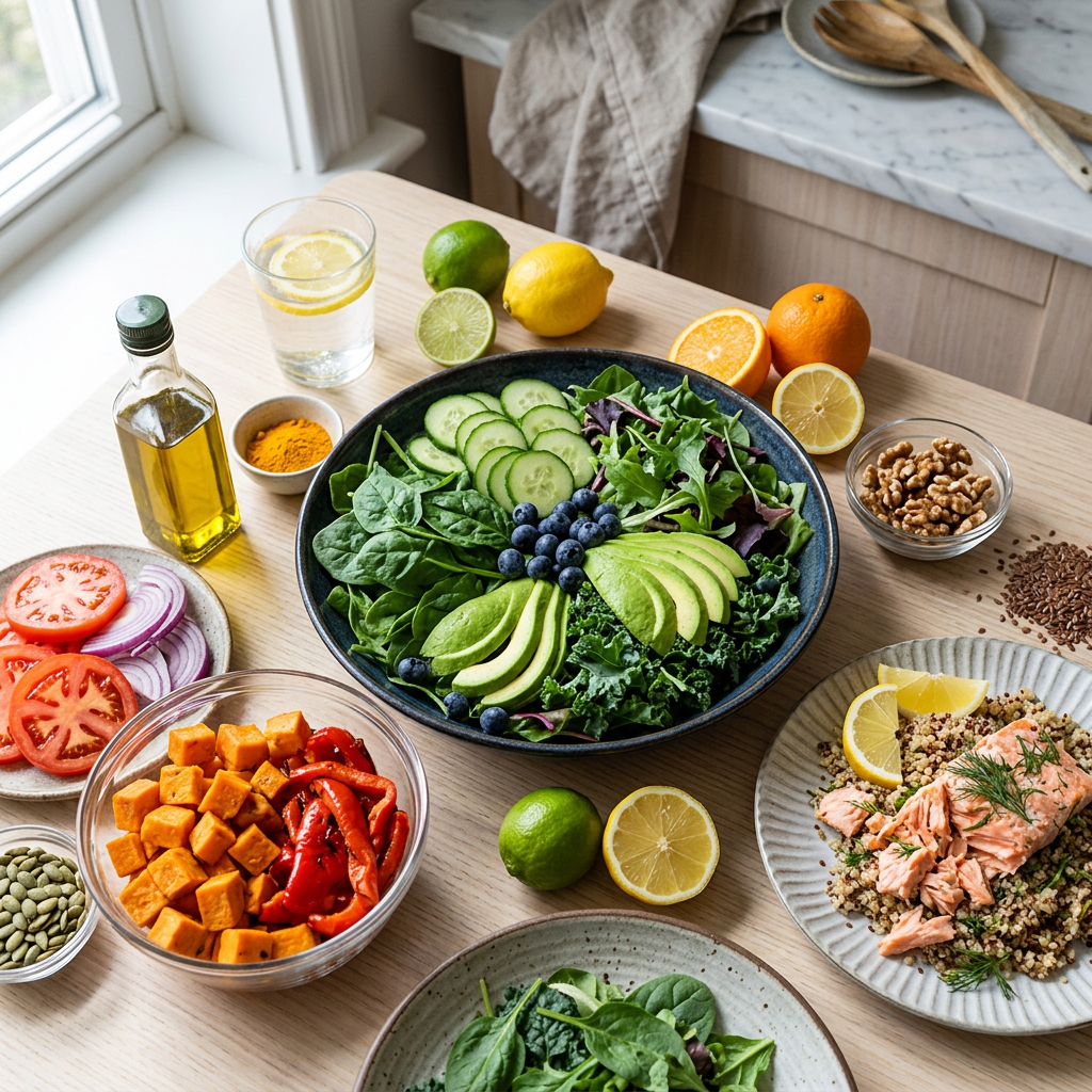 Bowl of leafy greens with avocado and blueberries surrounded by healthy meal ingredients
