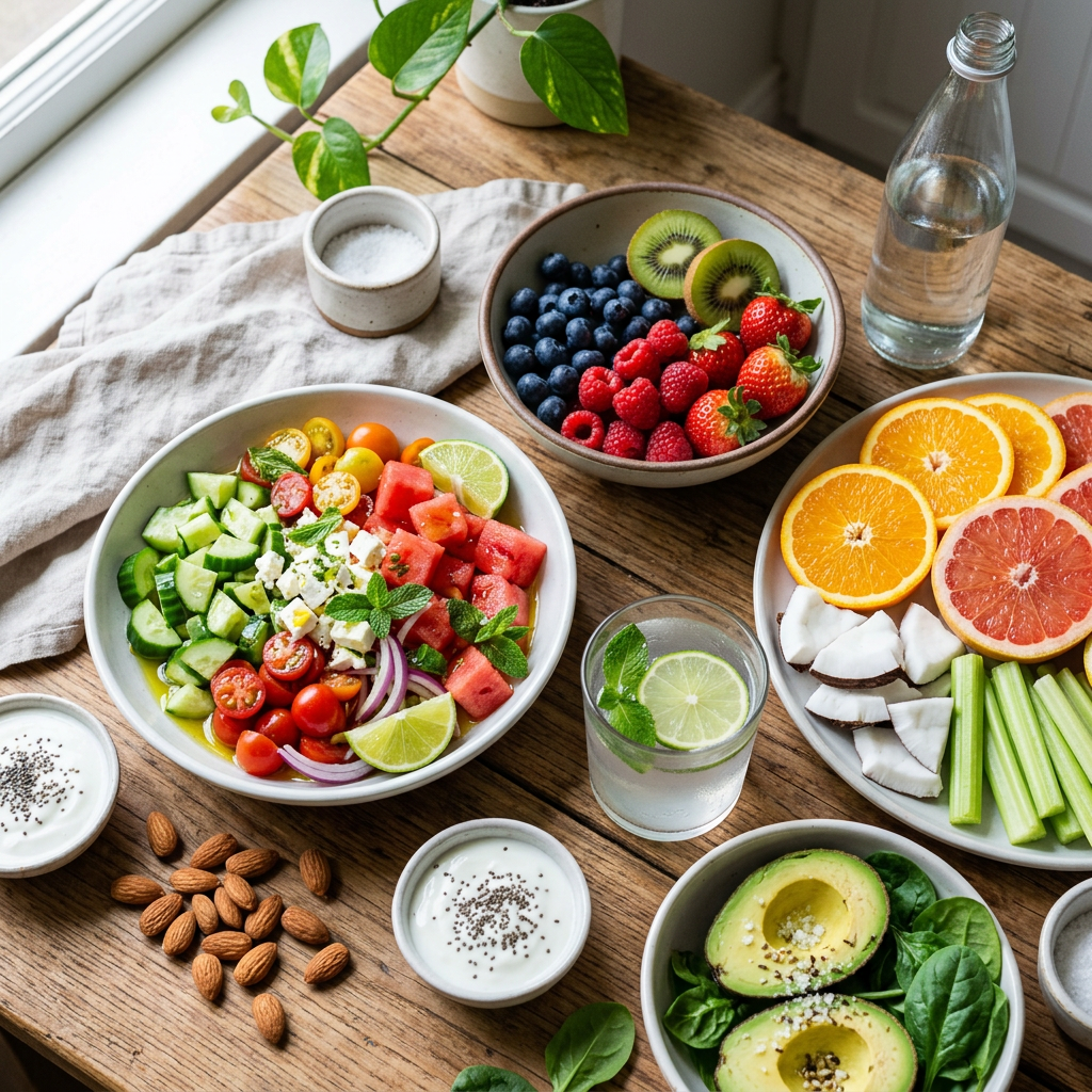 Colorful spread of fruit, vegetables, yogurt, nuts, avocado, and lime water