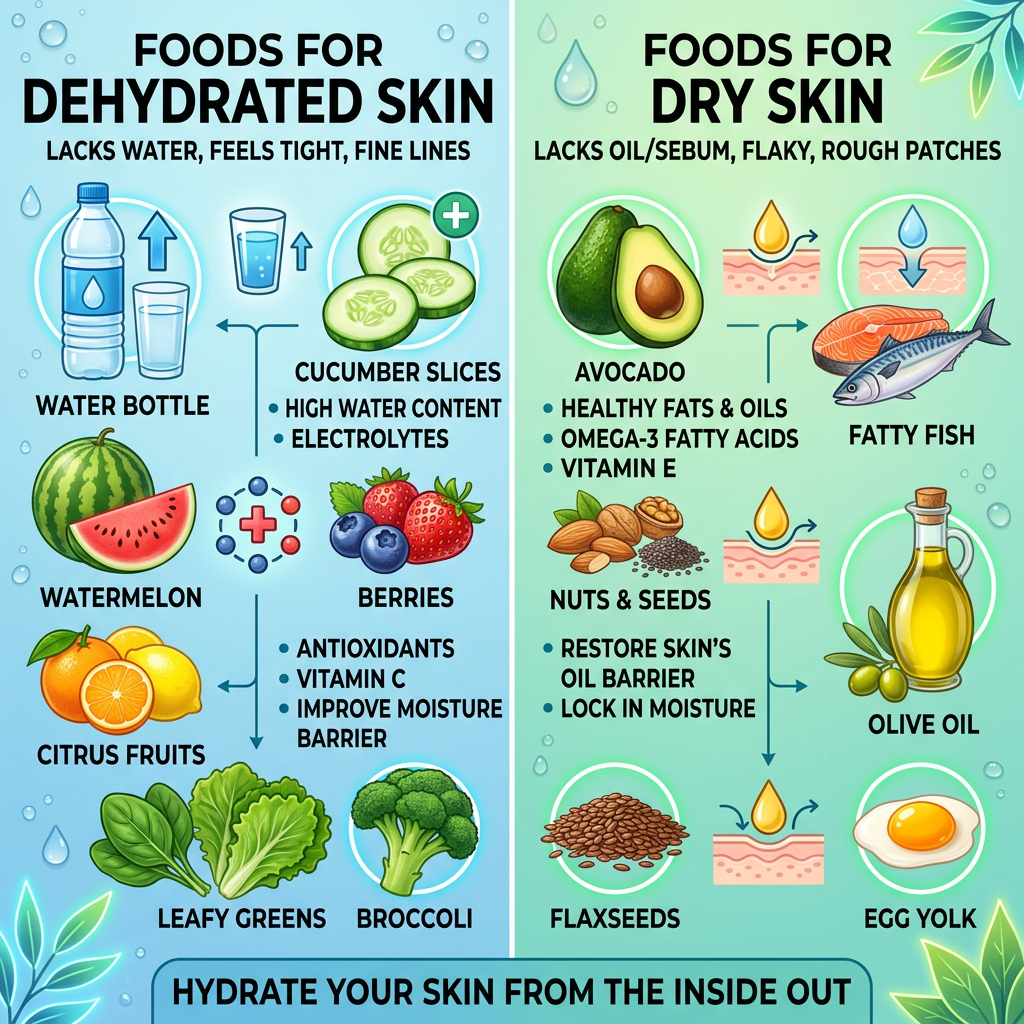 Infographic: Foods for Dehydrated Skin—lacks water, feels tight, fine lines; water bottle, cucumber slices, watermelon, berries, citrus fruits, leafy greens, broccoli, antioxidants, vitamin C, and improve moisture barrier. Foods for Dry Skin—lacks oil/sebum, flaky, rough patches; avocado, fatty fish, nuts and seeds, olive oil, flaxseeds, egg yolk, healthy fats and oils, omega-3 fatty acids, vitamin E, restore skin’s oil barrier, and lock in moisture. Hydrate your skin from the inside out.