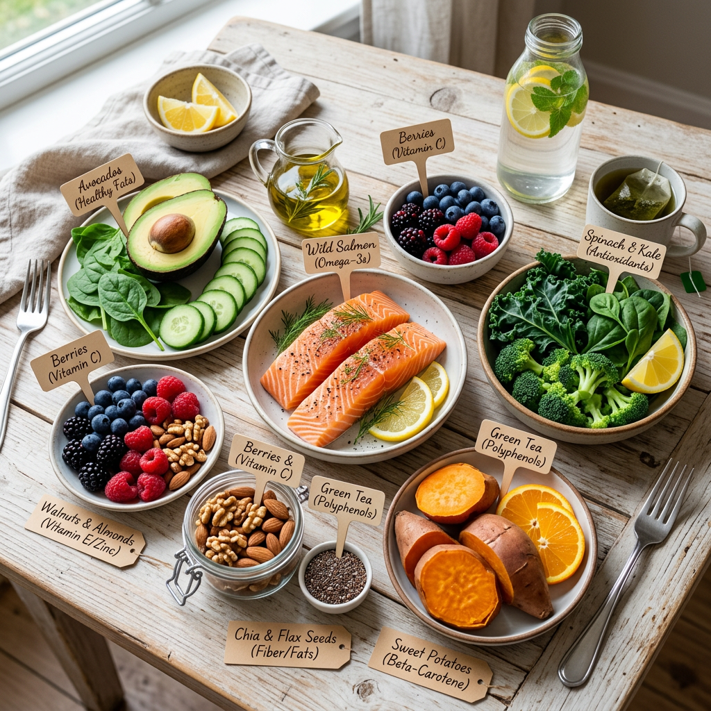 Labeled spread of nutrient-rich foods including salmon, greens, berries, nuts, seeds, and sweet potatoes