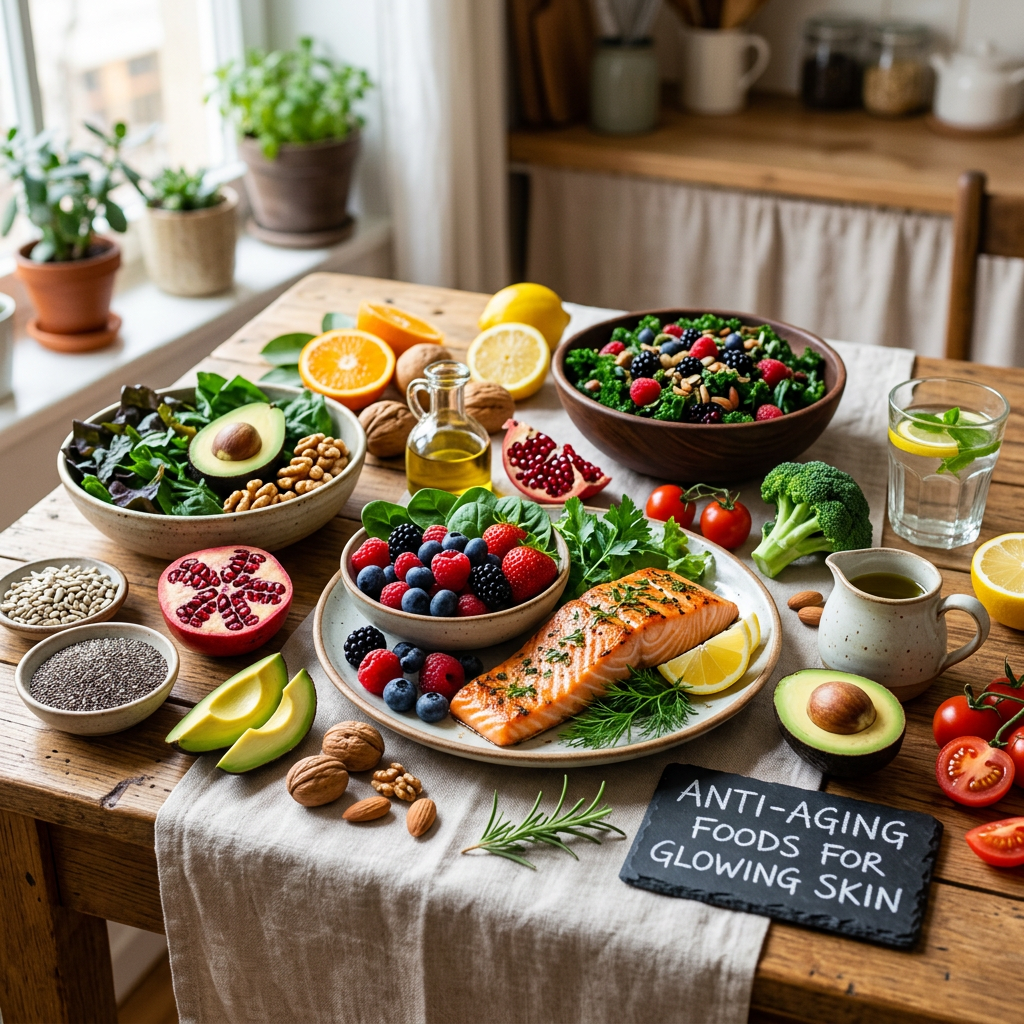 Healthy foods arranged around a sign reading “ANTI-AGING FOODS FOR GLOWING SKIN”