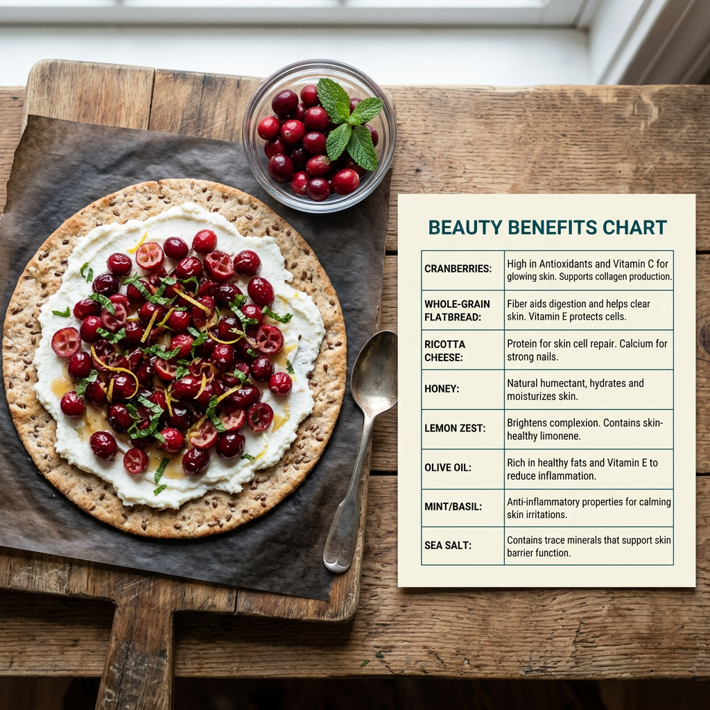 Cranberry flatbread with ricotta, mint, and lemon beside a BEAUTY BENEFITS CHART listing cranberries, whole-grain flatbread, ricotta cheese, honey, lemon zest, olive oil, mint/basil, and sea salt benefits.