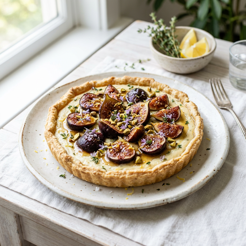 Golden tart topped with figs, pistachios, herbs, and edible flowers