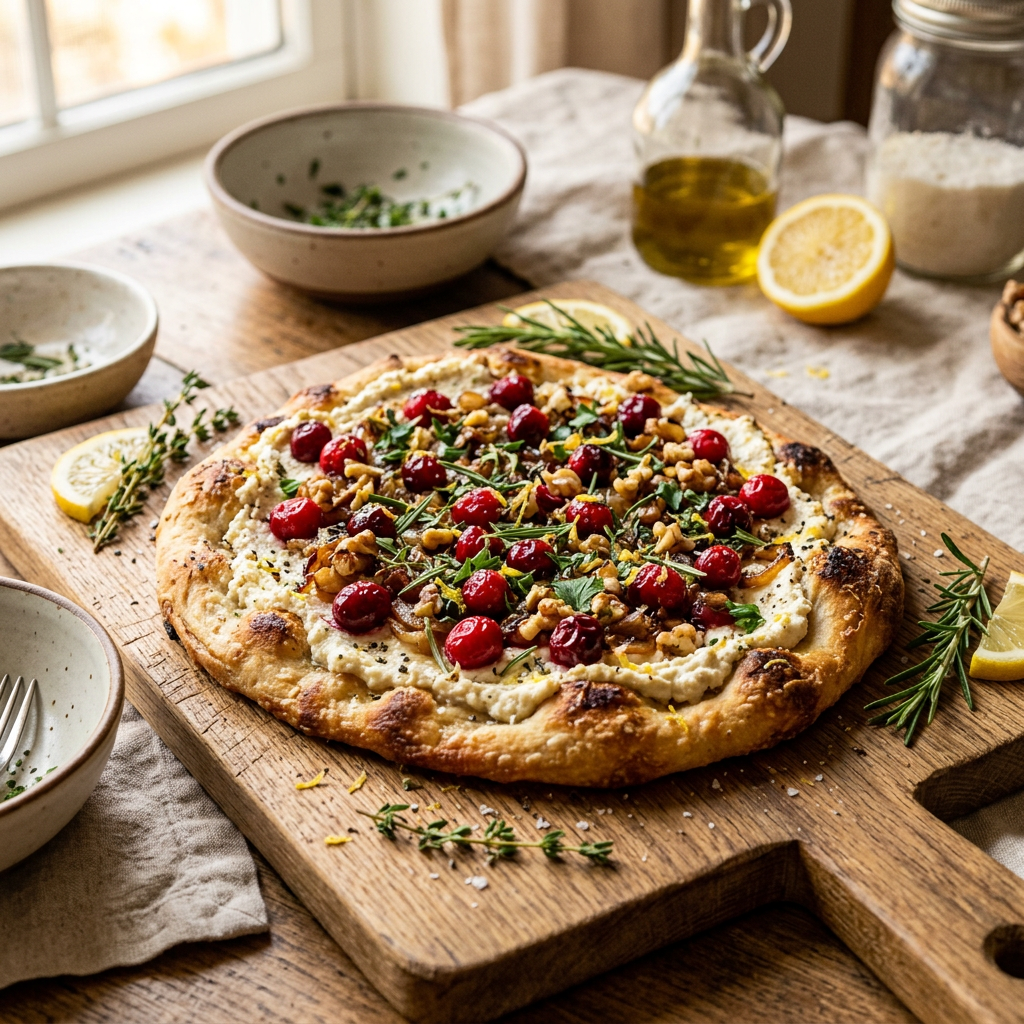 Golden flatbread topped with cheese, cranberries, walnuts, rosemary, and herbs