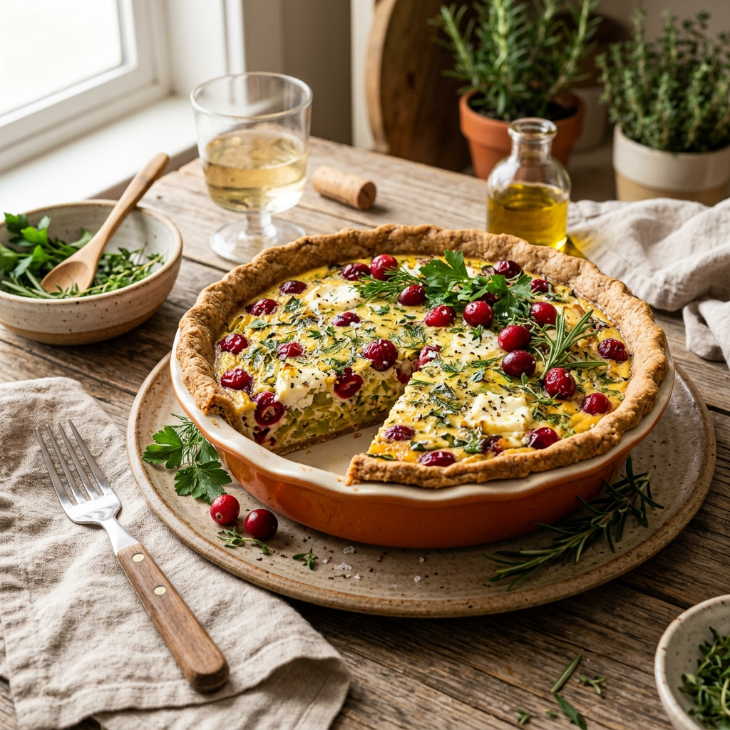 Golden quiche topped with cranberries, herbs, and crumbled cheese