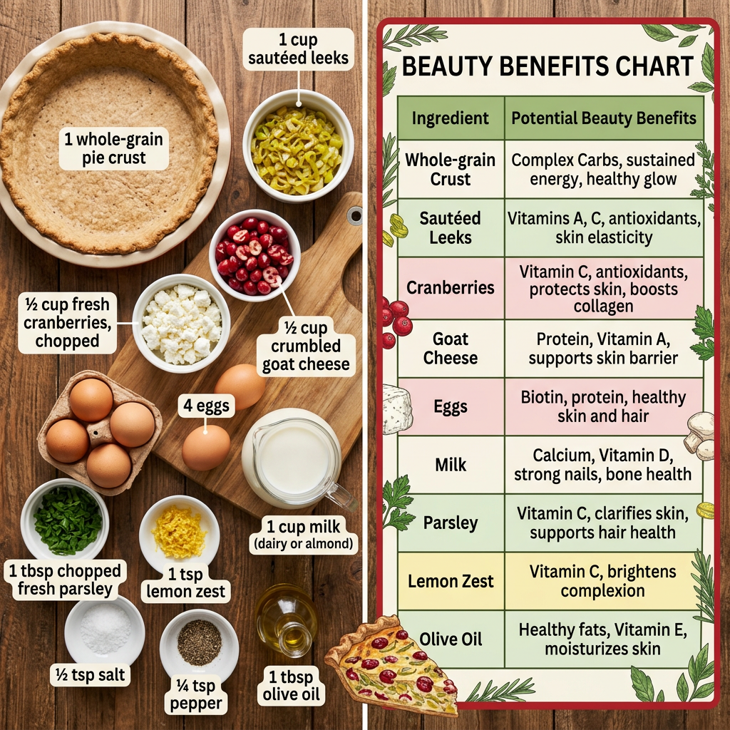 Recipe ingredients and BEAUTY BENEFITS CHART listing crust, leeks, cranberries, goat cheese, eggs, milk, parsley, lemon zest, and olive oil with beauty benefits.