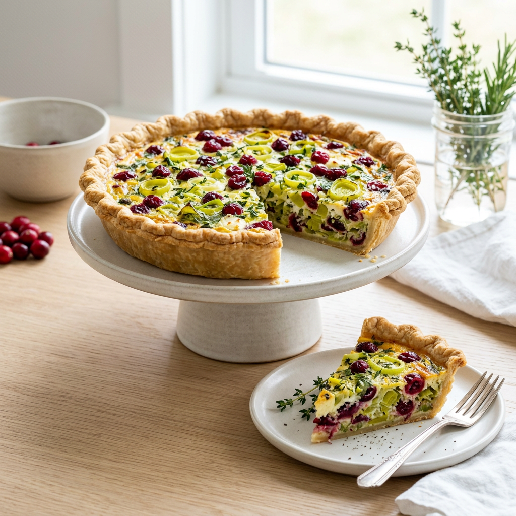 Cranberry and zucchini quiche with a slice served on a plate