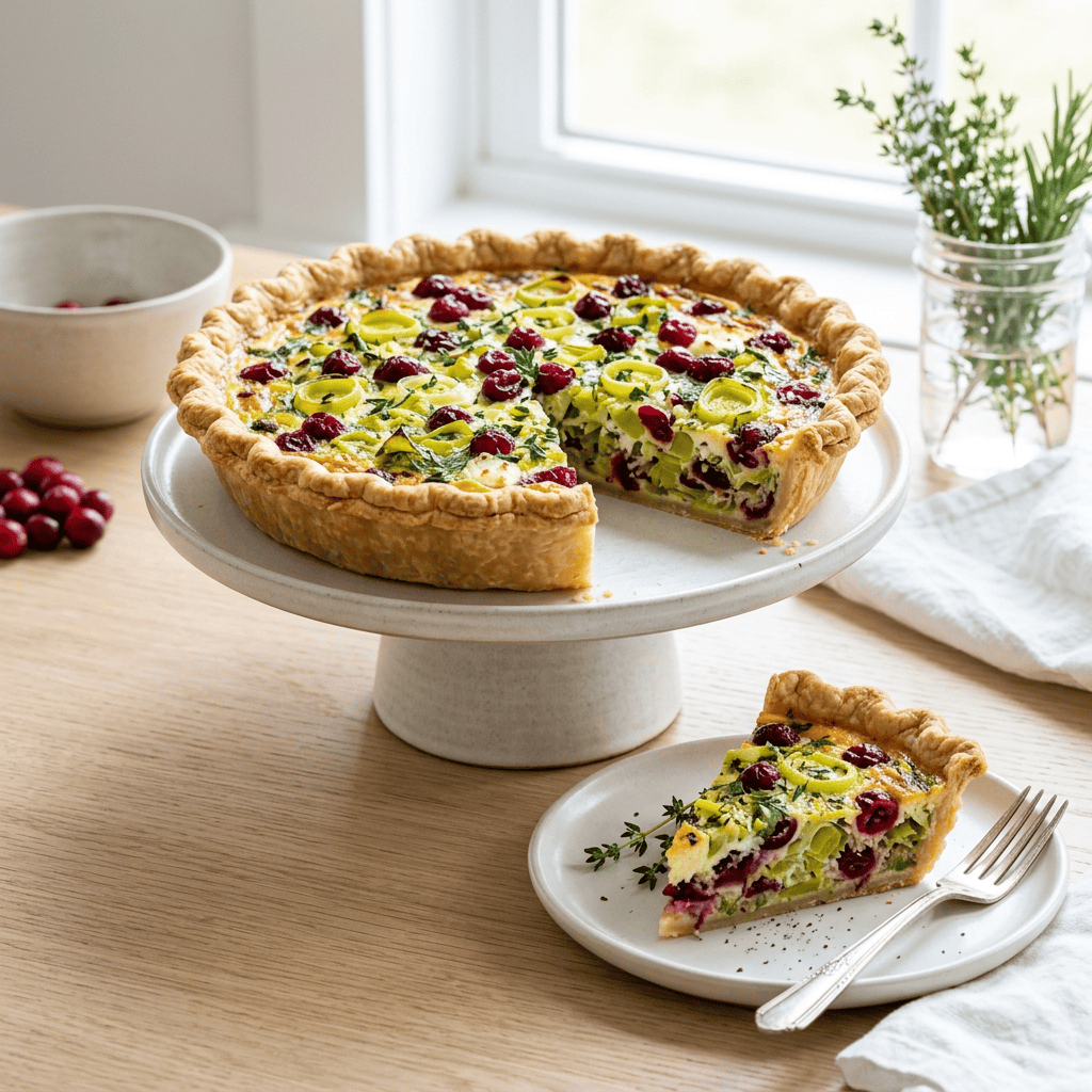 Cranberry and zucchini quiche with a slice served on a plate