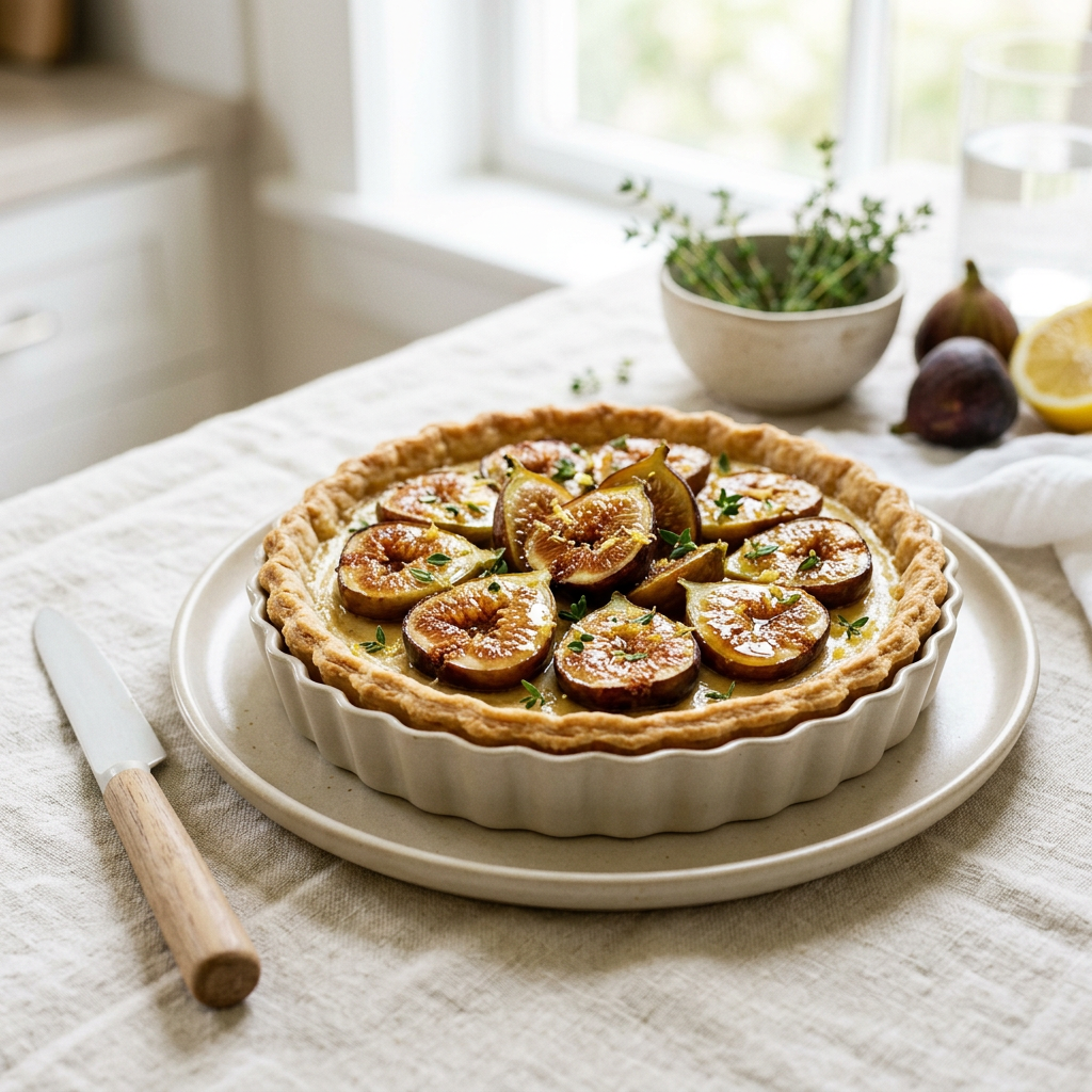 Golden tart topped with sliced figs and fresh herbs