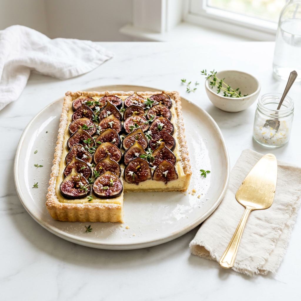 Rectangular fig tart with custard filling and herbs on a plate