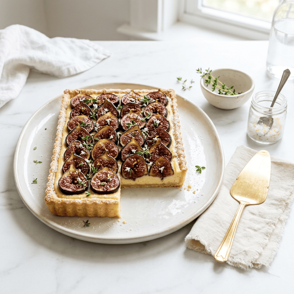 Rectangular fig tart with custard filling and herbs on a plate