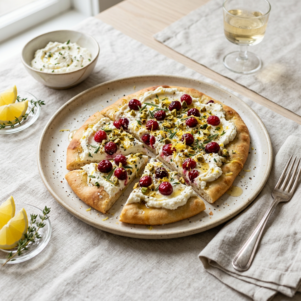 Sliced flatbread topped with ricotta, cranberries, pistachios, lemon, and herbs