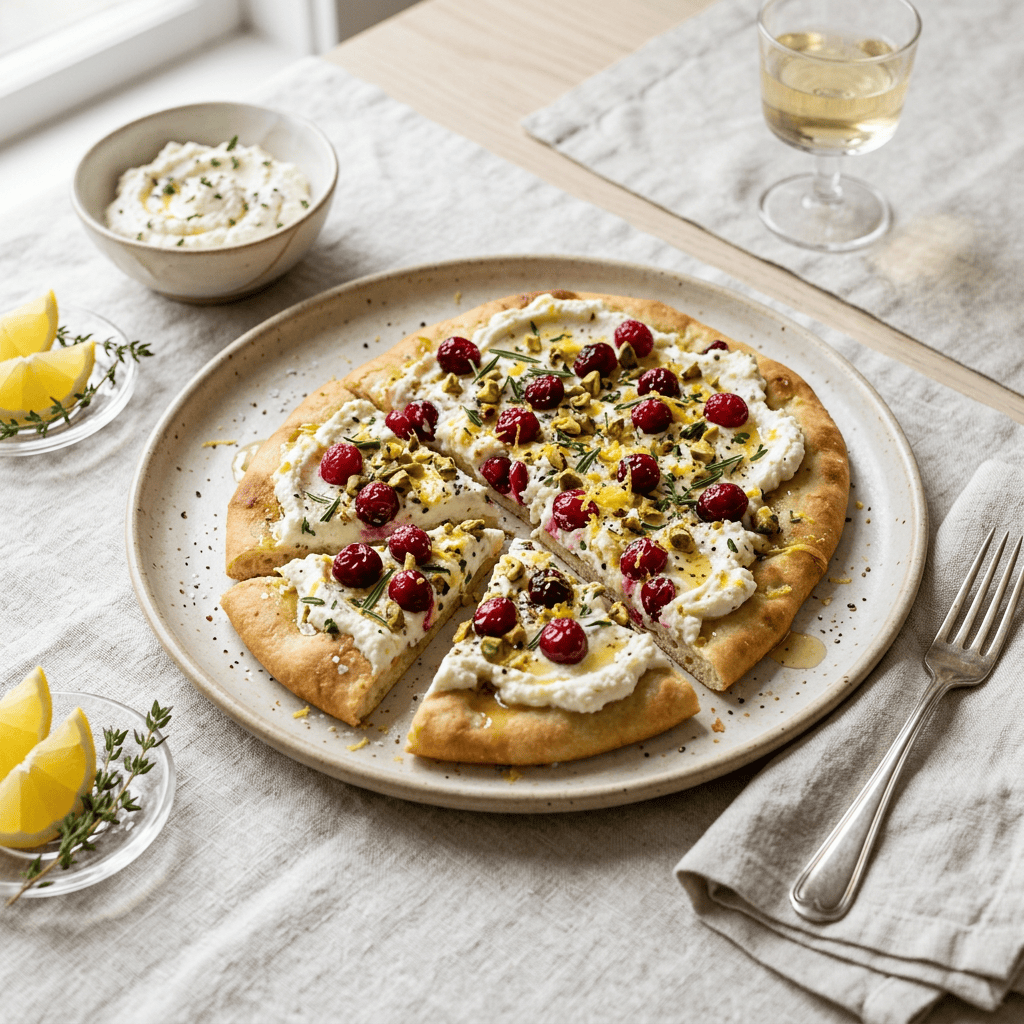 Sliced flatbread topped with ricotta, cranberries, pistachios, lemon, and herbs