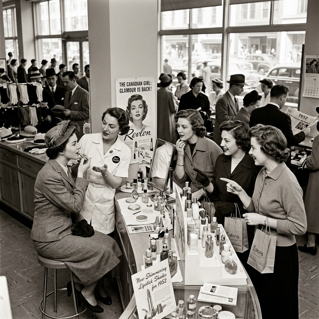 Women browse cosmetics while a makeup demonstrator applies lipstick in a department store.
