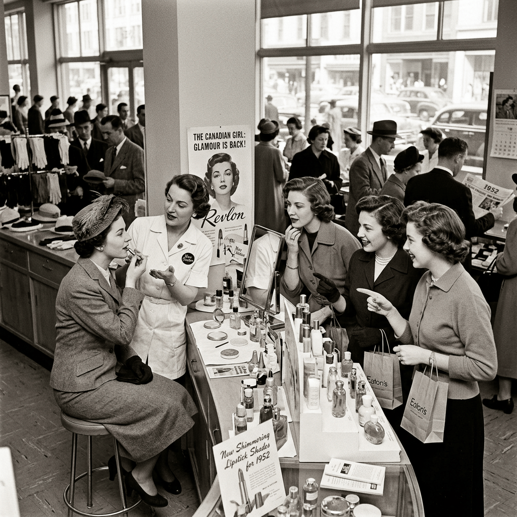 Women browse cosmetics while a makeup demonstrator applies lipstick in a department store.