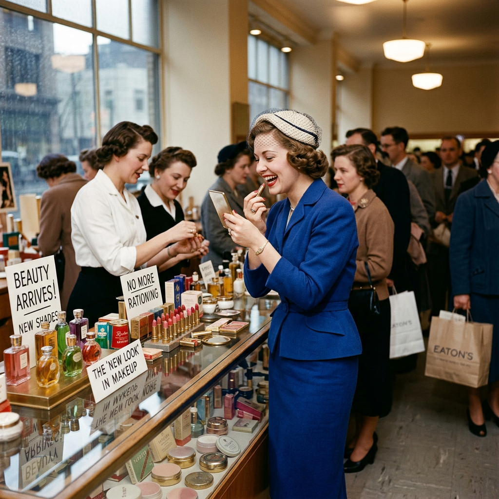 Woman in blue suit applying lipstick beside makeup display signs